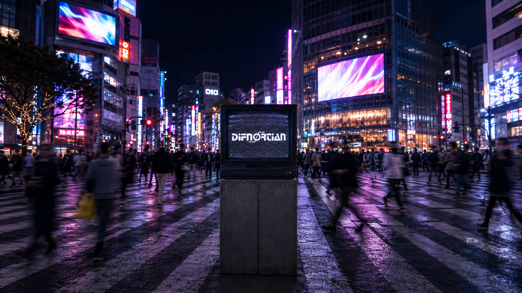 Difnørtian display at Shibuya Crossing surrounded by a moving crowd